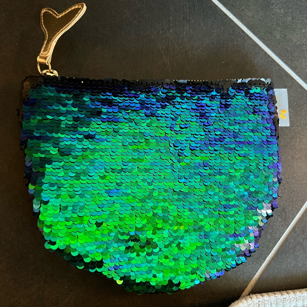 Nwot Papyrus Mermaid Flip Sequin Cosmetic Bag In Blue Green And Black O/S